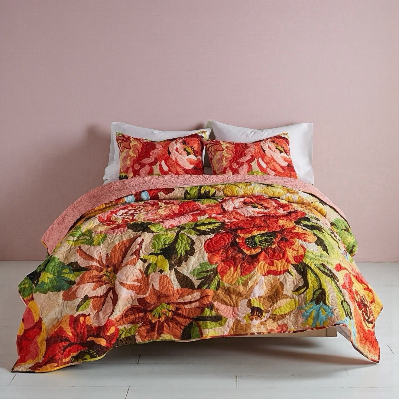 NEW Anthro Red Floral Reversible Boho Knit Queen / King Bedding Quilt & Sham Set