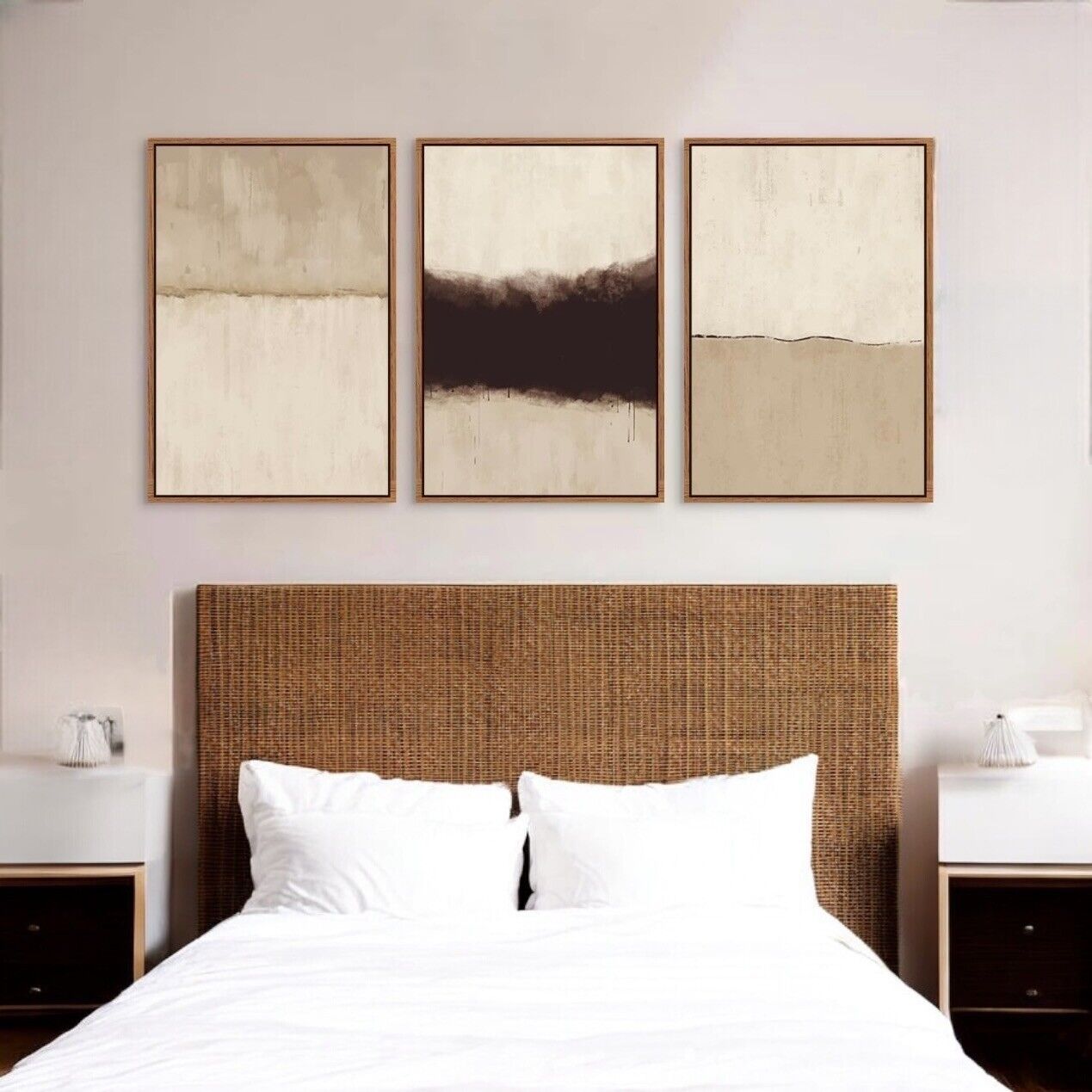 New West Elm Large Abstract Set of 3 Framed Canvas Wall Art Paintings Decor 24"