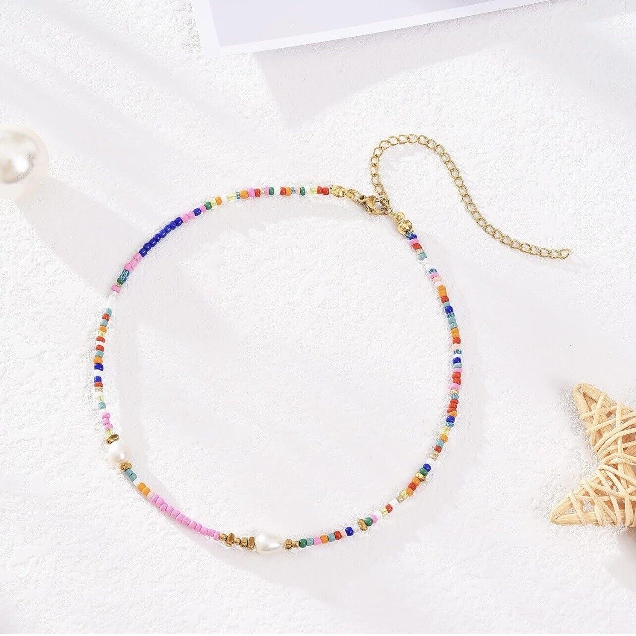 NEW Free People Boho Colorful Beaded Pearl Gold Plated Choker Necklace Jewelry 