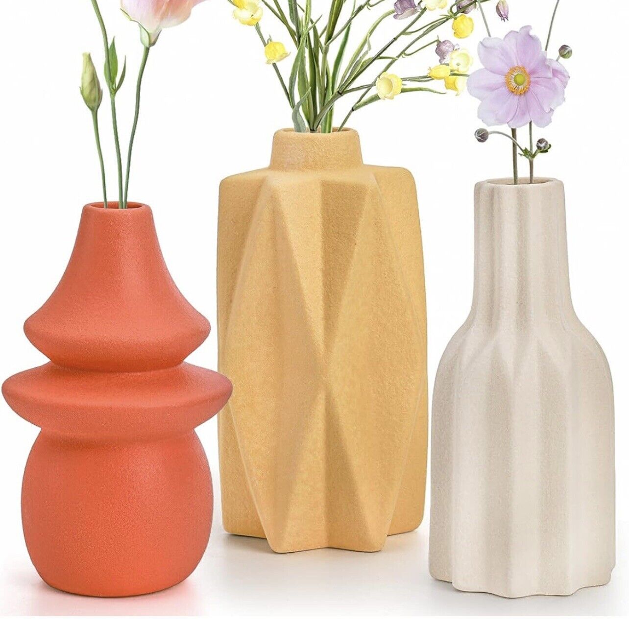 Anthropologie Set/3 Large Colorful Boho Ceramic Stoneware Geometric Flower Vase