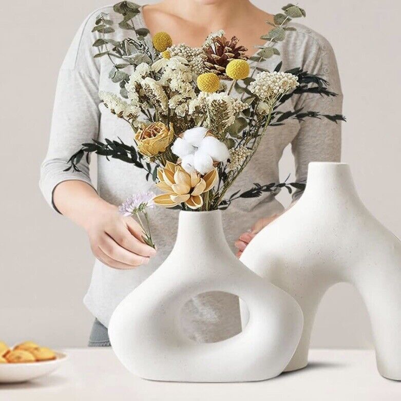 New West Elm (Set 2) Large Cream Abstract Boho Ceramic Abstract Flower Vase Set