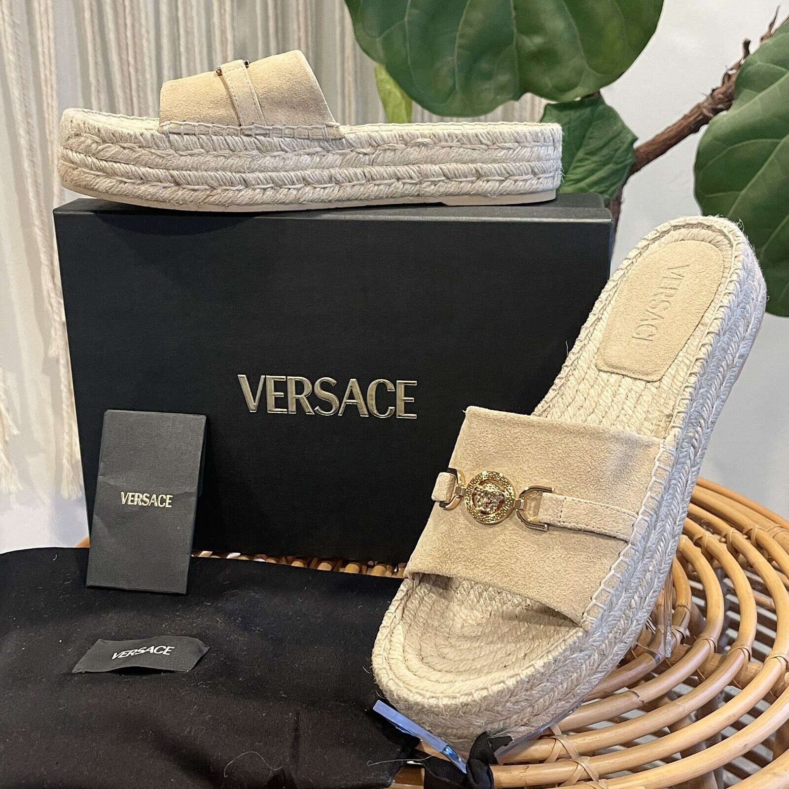 NEW Versace Medusa '95 Suede Gold Espadrille Sandals Flats Shoes - Size 9 / 40