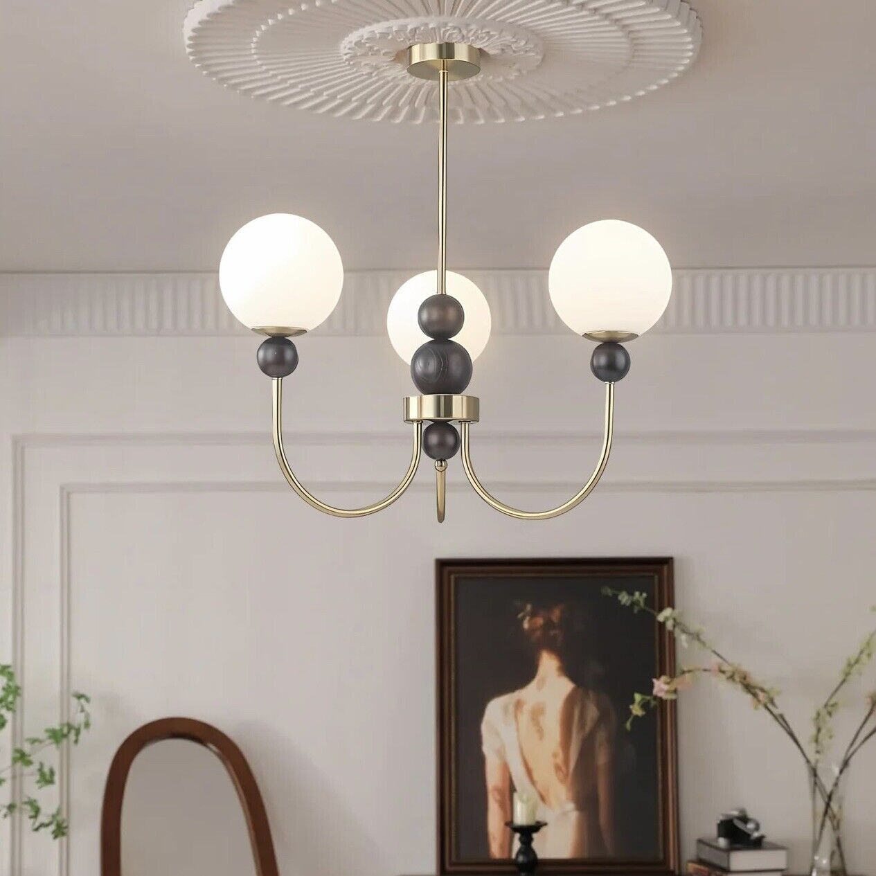 NEW Anthropologie Chandelier Mid Century Modern Gold Black Light Ceiling Fixture