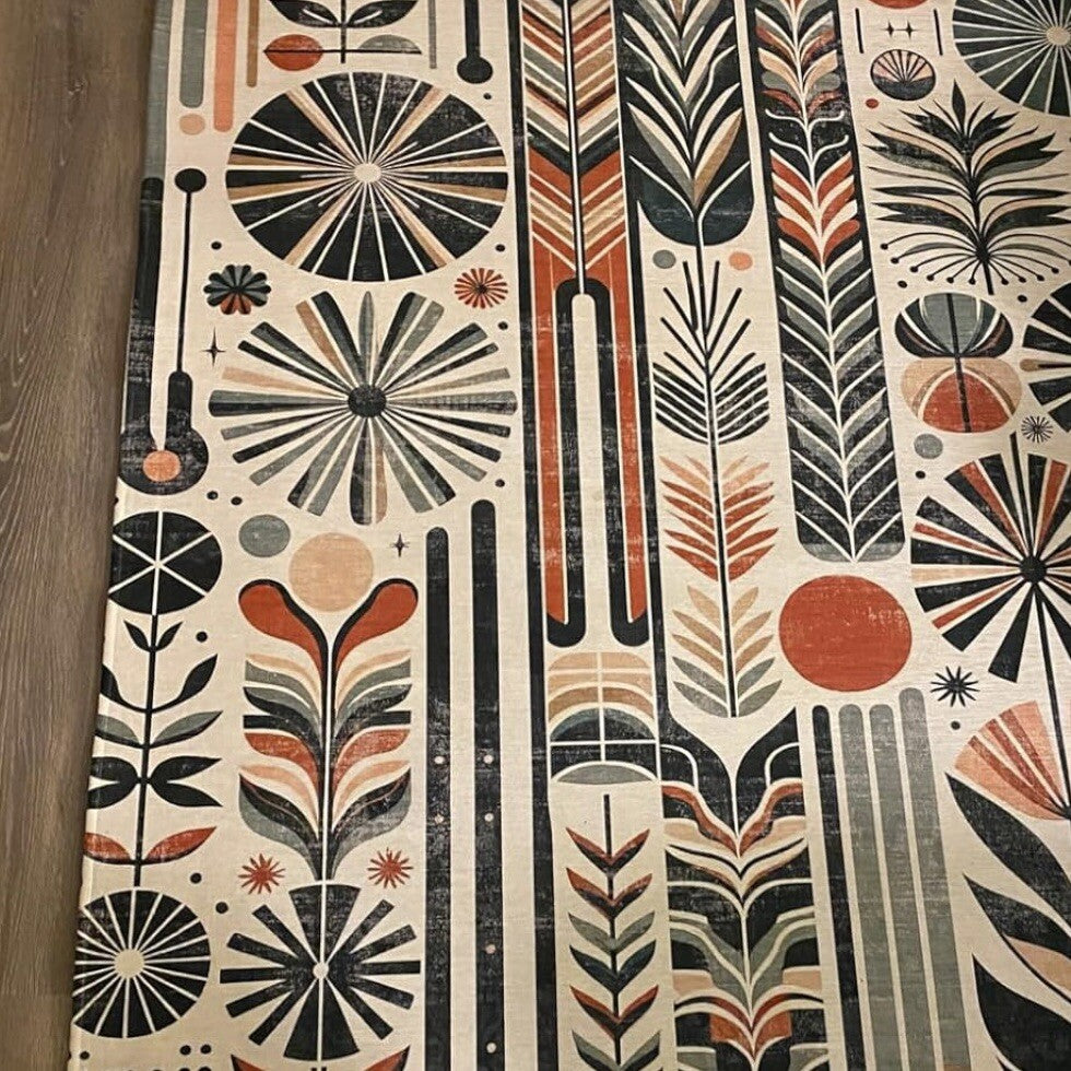 NEW Anthropologie Cream Boho Retro Floral Geometric Area Rug Carpet 5'7" x 4'