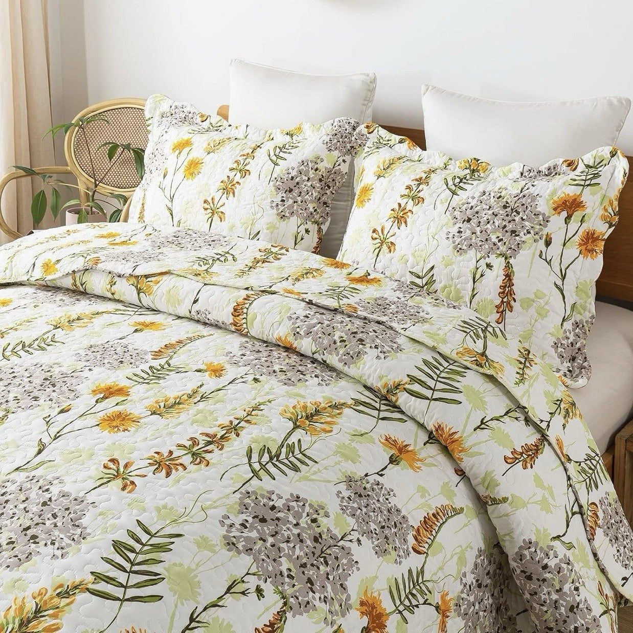 NEW Anthro White Yellow Floral Queen Boho Quilt Bedding Bedspread Duvet Sham Set