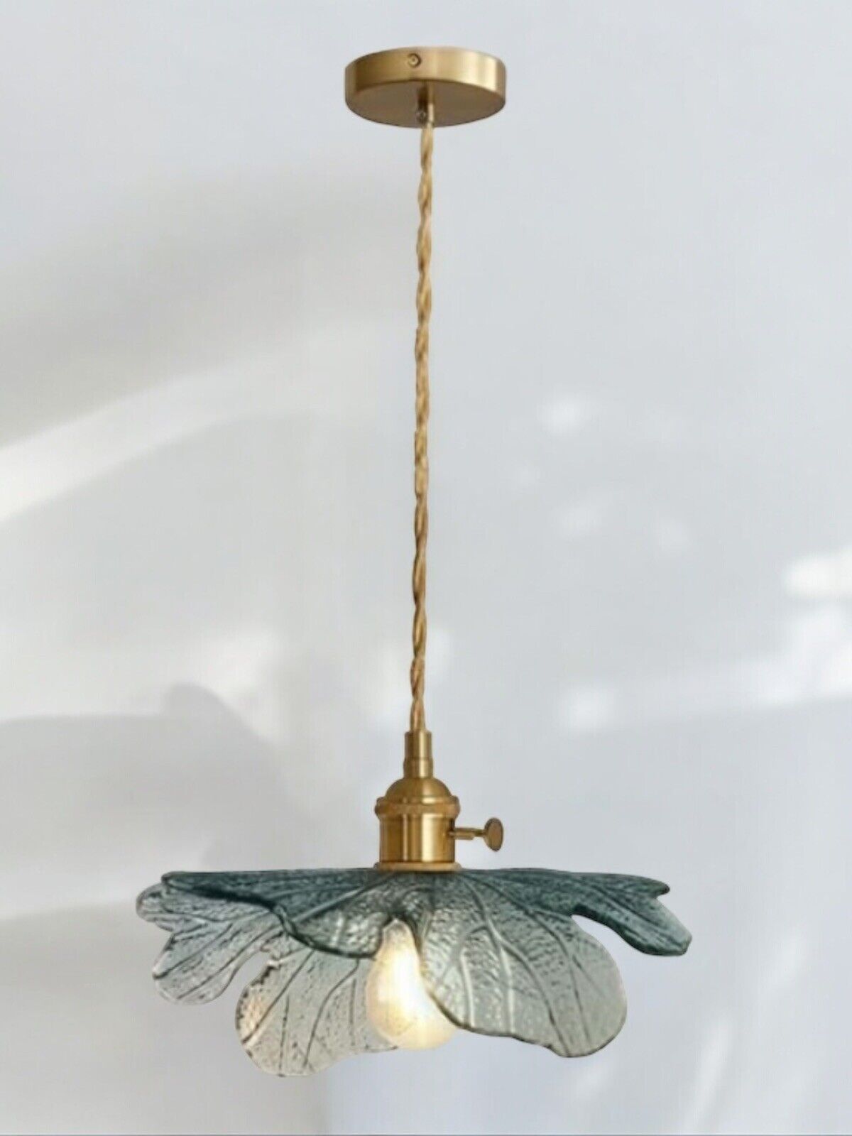 NEW Anthropologie Vintage Blue Glass Hanging Gold Floral Pendant Light Fixture