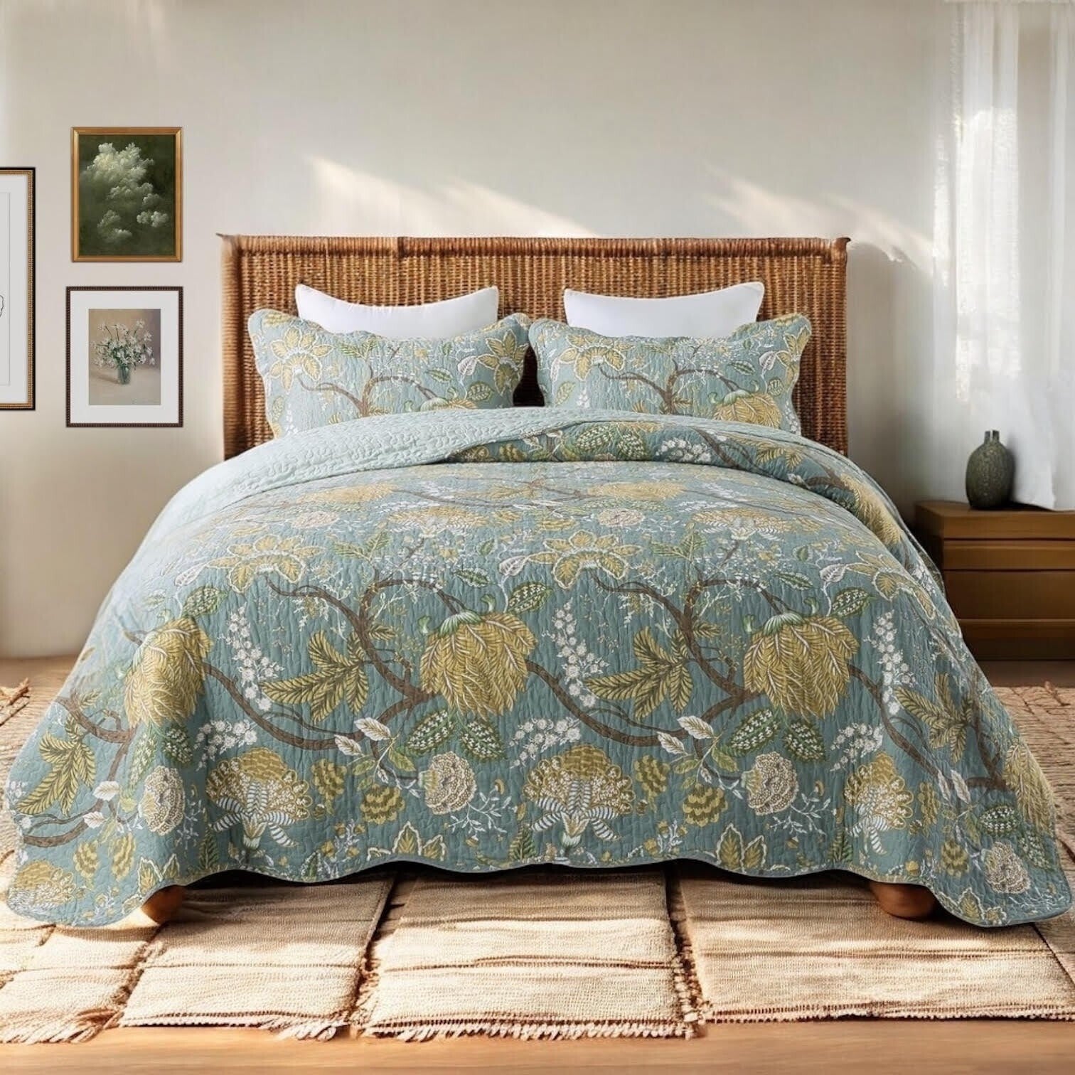 NEW Anthro Green Floral Reversible Queen / King Boho Bedding Quilt & Sham Case
