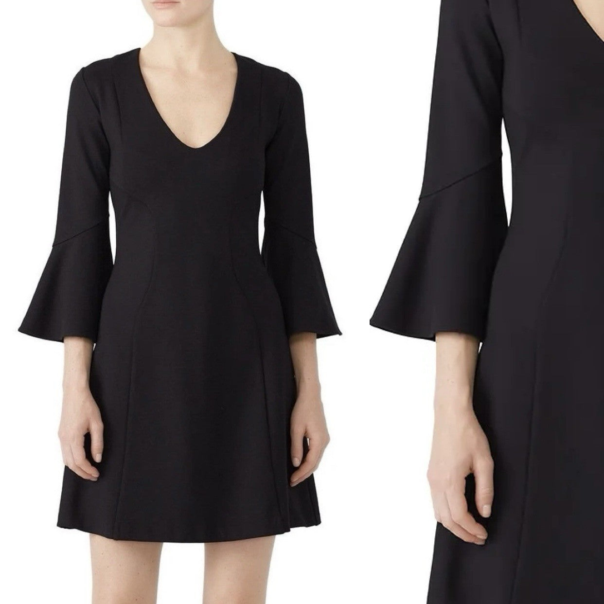 Amanda Uprichard Black Stretch Crepe Fresno Flair 3/4 Sleeve Dress Size Large