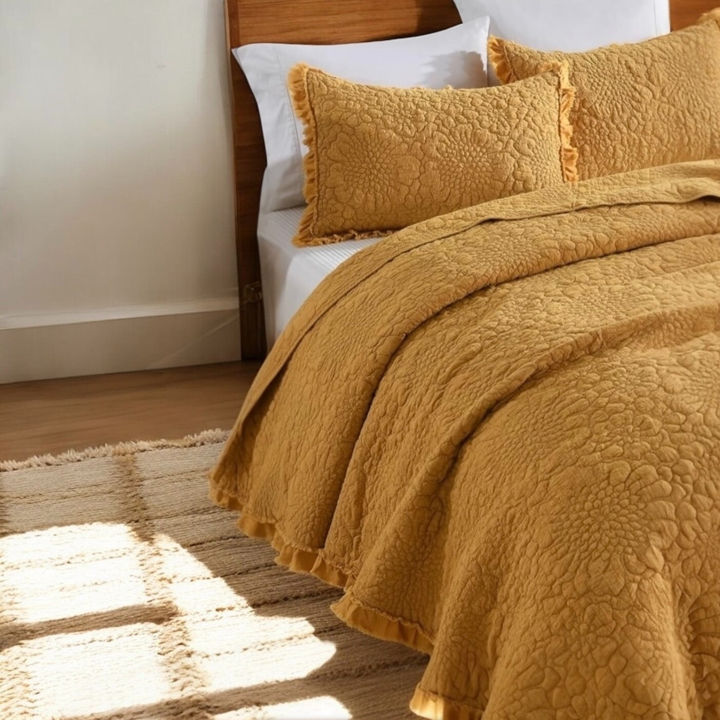 NEW Anthro Orange Yellow Ruffle Crinkled Queen / King Bedding Quilt & Sham Case