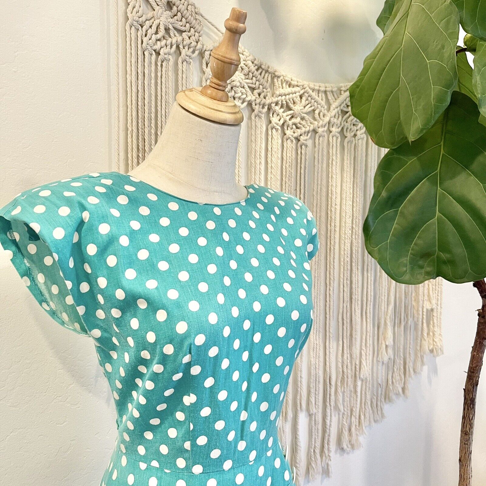 Vintage 1960's Teal & White Polka Dot Button Tea Length Milanzo Dress - Medium