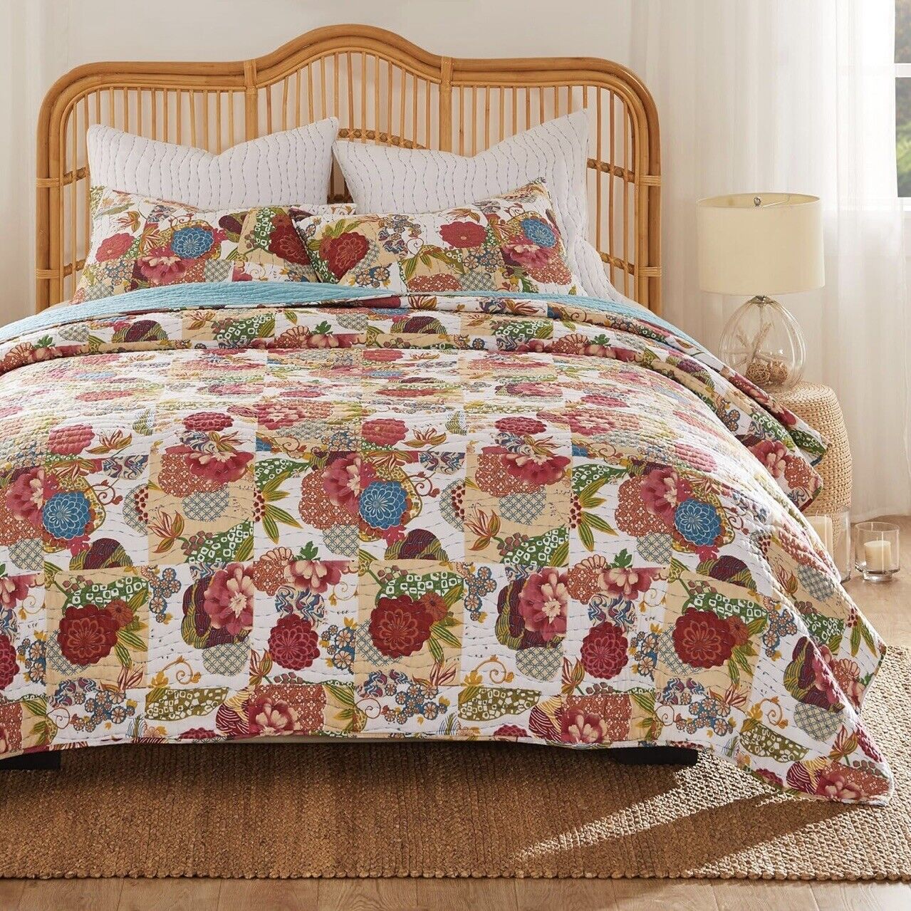 NEW Anthropologie Multicolor Floral Boho King Quilt Bedspread Bedding Sham Set