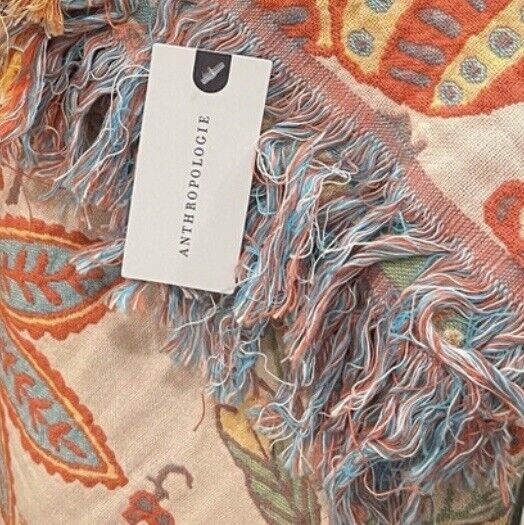 NEW Anthropologie Boho Floral Orange Teal Throw Blanket Bedspread Quilt 80 x 90