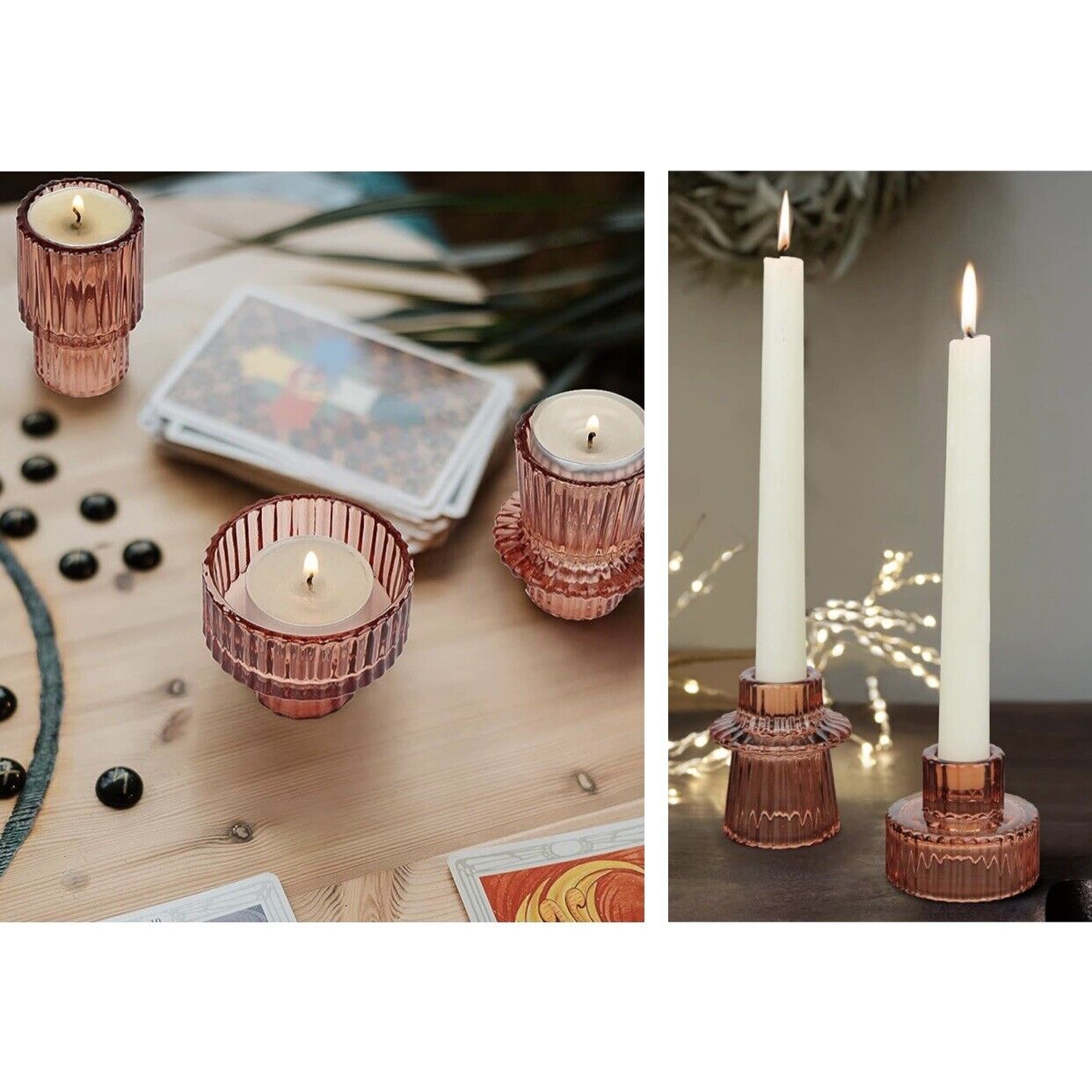 NEW Anthropologie (Set of 3) Boho Pink Glass Tapered Pillar Candlestick Holders