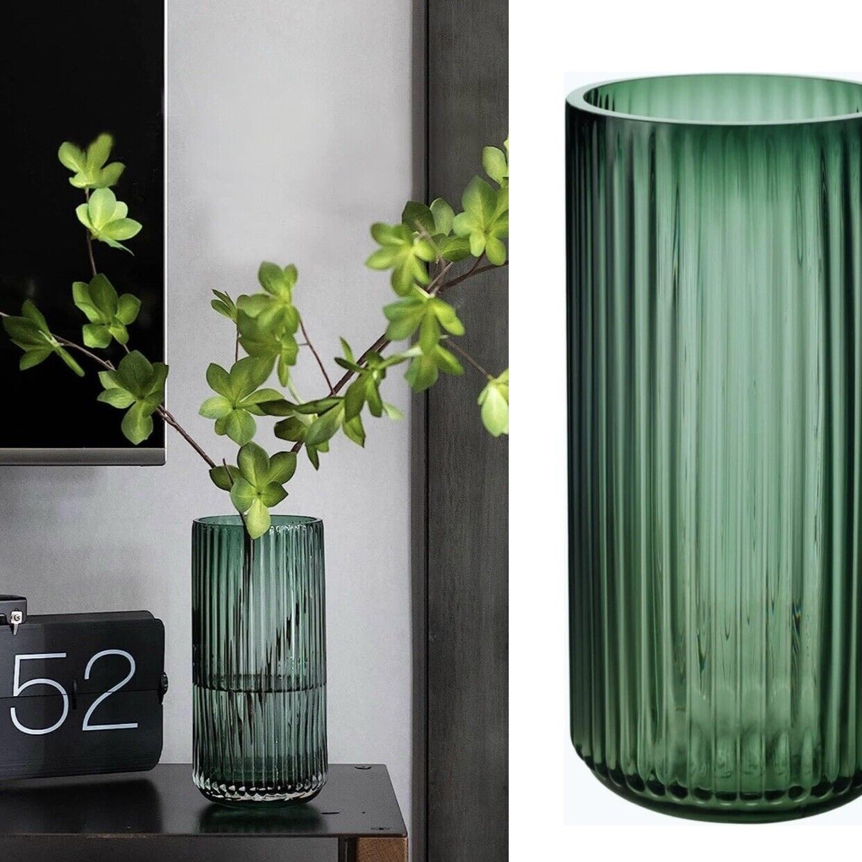 NEW West Elm Green Glass Boho Ribbed Cylinder Flower Vase Planter Decor - 8"