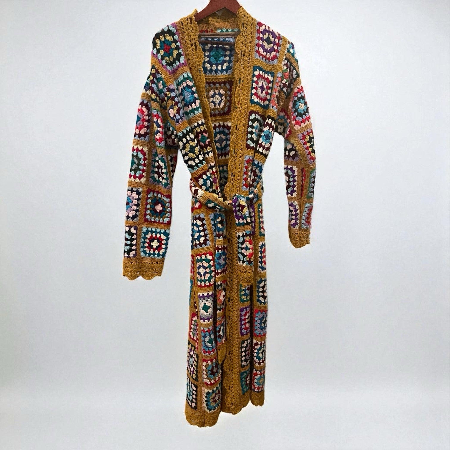 Vintage Italian Macrame Women's Crochet Rainbow Quilt Duster Sweater Coat Large