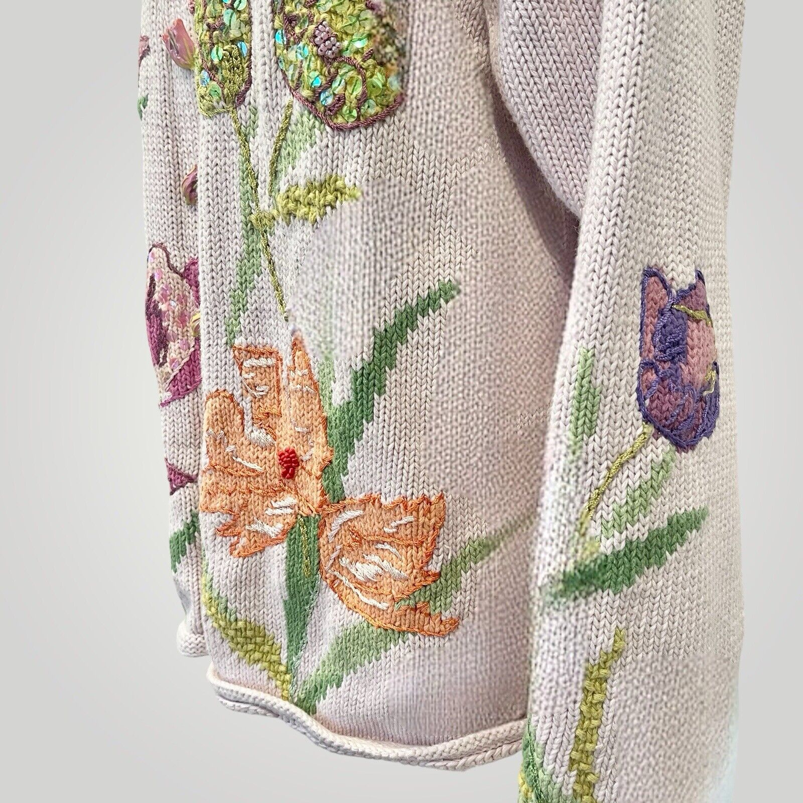 Vintage Storybook Knits Pink Floral Embroidered Sequin Sweater Cardigan - Large