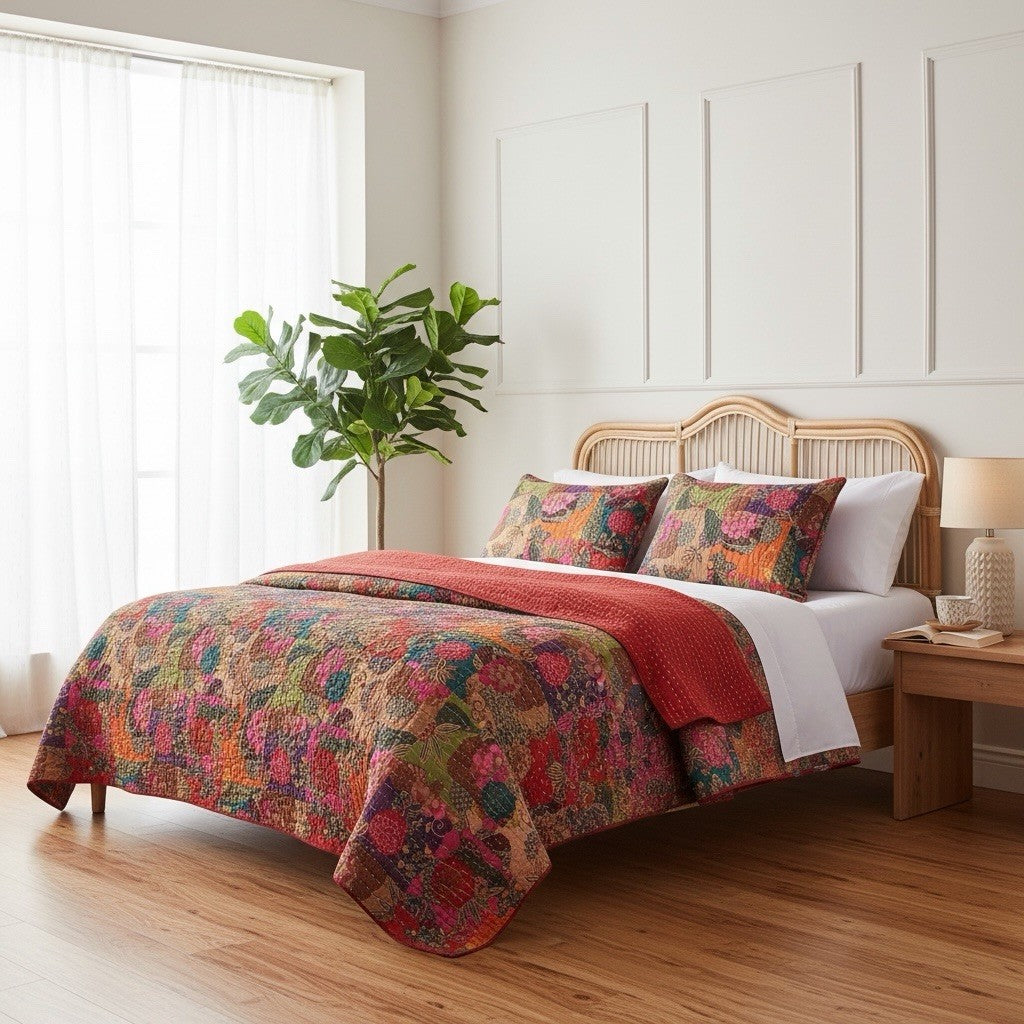 NEW Anthropologie Multicolor Floral Boho King Quilt Bedspread Bedding & Sham Set