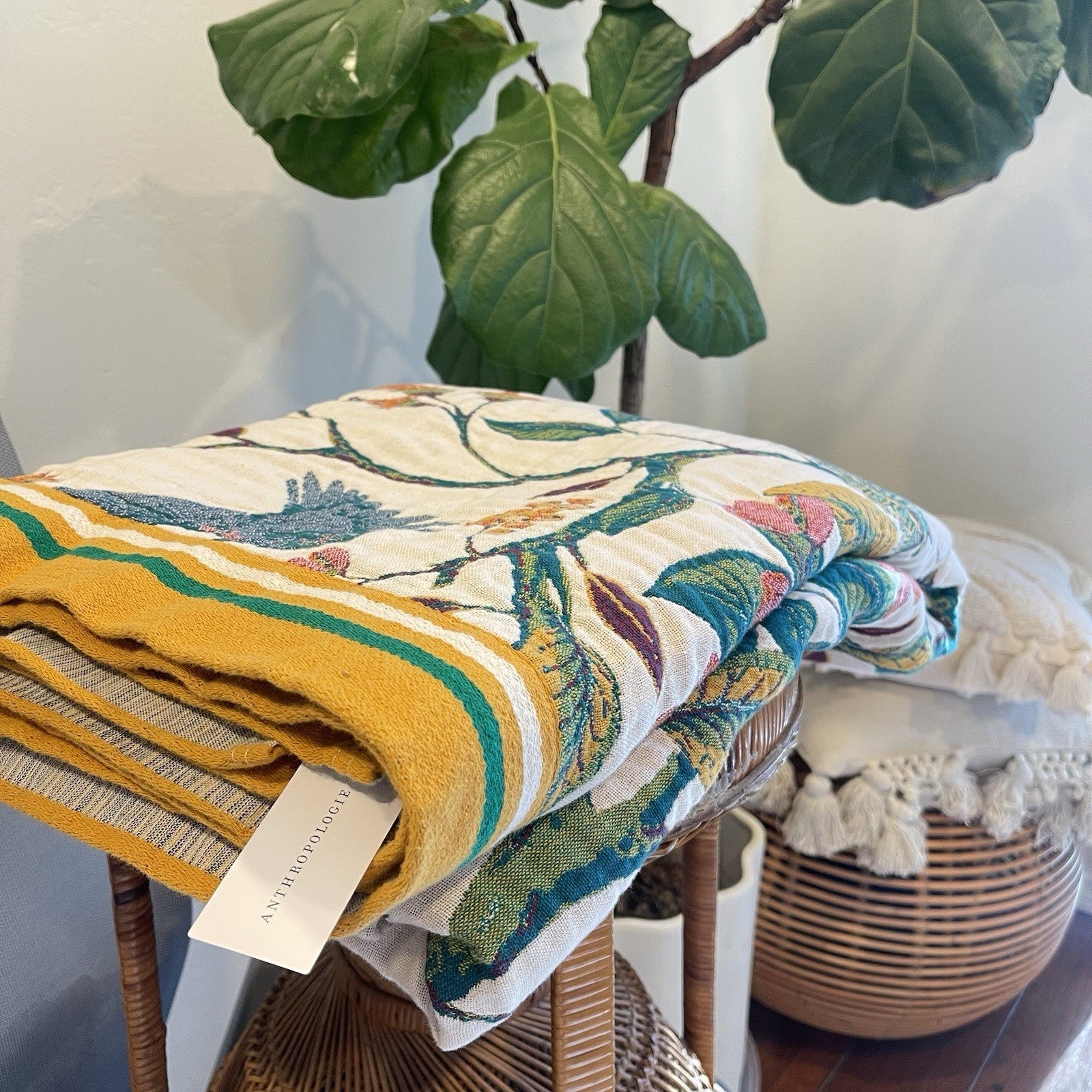 NEW Anthro XL Boho Bird Orange Blue Throw Blanket Bedspread Quilt 80" x 90"