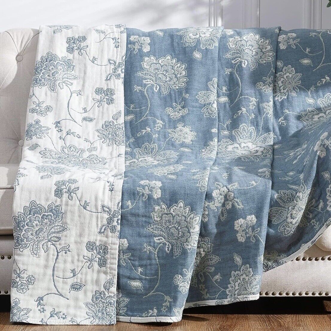 New Anthropologie Boho Floral Muslin Reversible Throw Blanket Quilt 60" x 80"