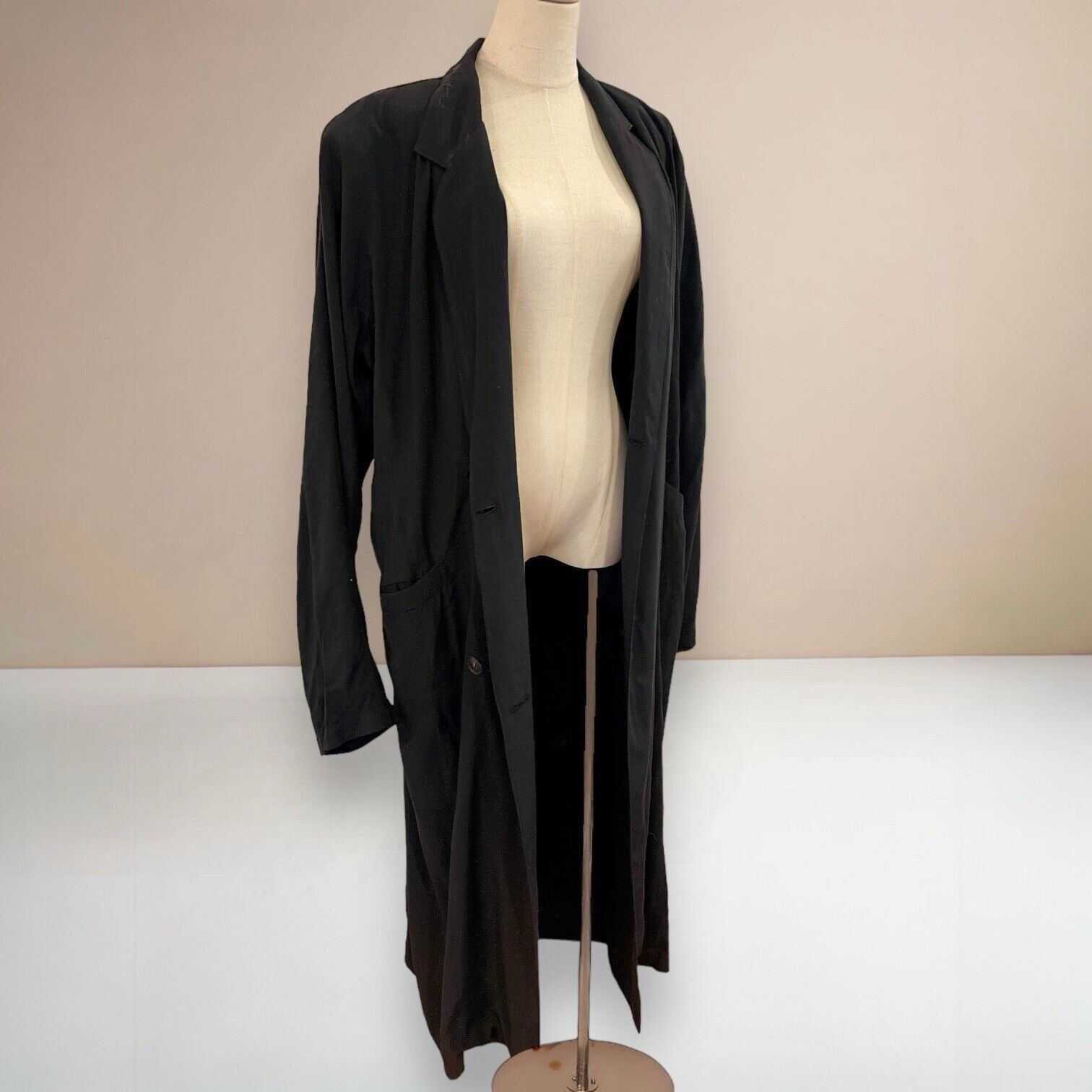 Vintage Yohji Yamamoto Black Linen Long Trench Coat Jacket Japan - Size Medium