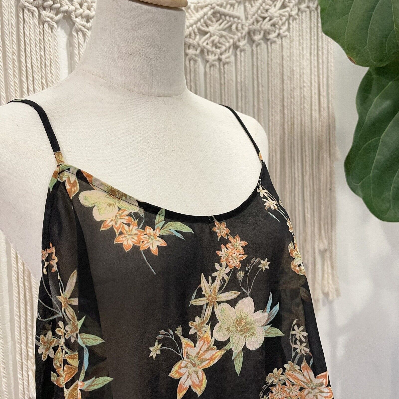 Free People | Black Floral Sheer Tank Top Camisole Shirt - Size Medium