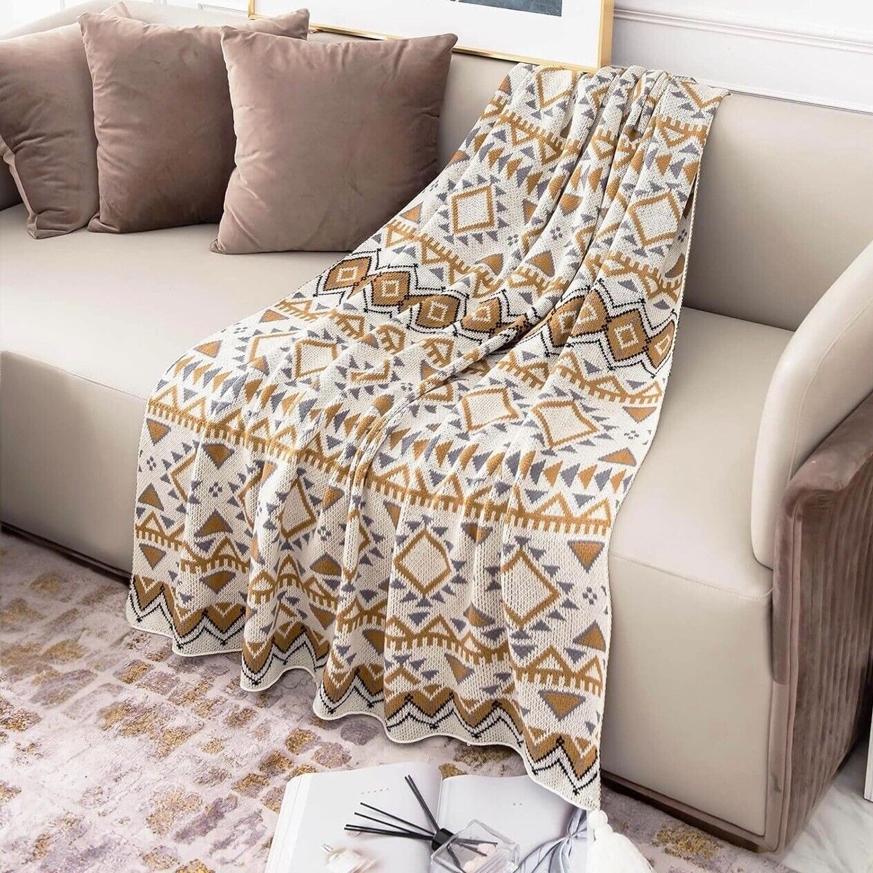 NEW Anthropologie Boho Tassel Aztec Beige Soft Throw Blanket Bedding - 50" x 60"