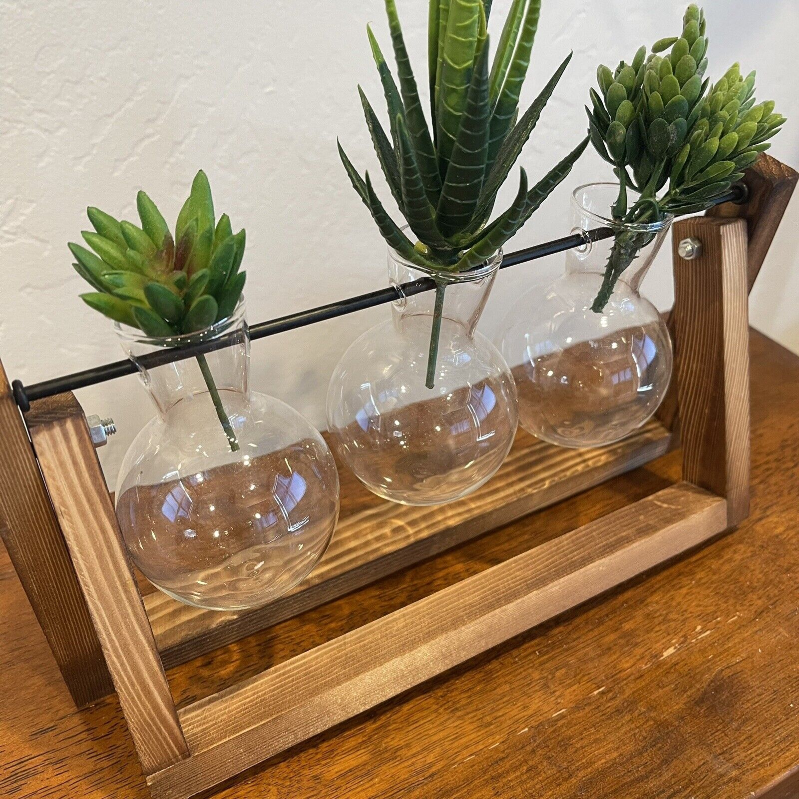 New West Elm Glass Three Bud Vases & Wooden Holder Boho Succulents Planter Set