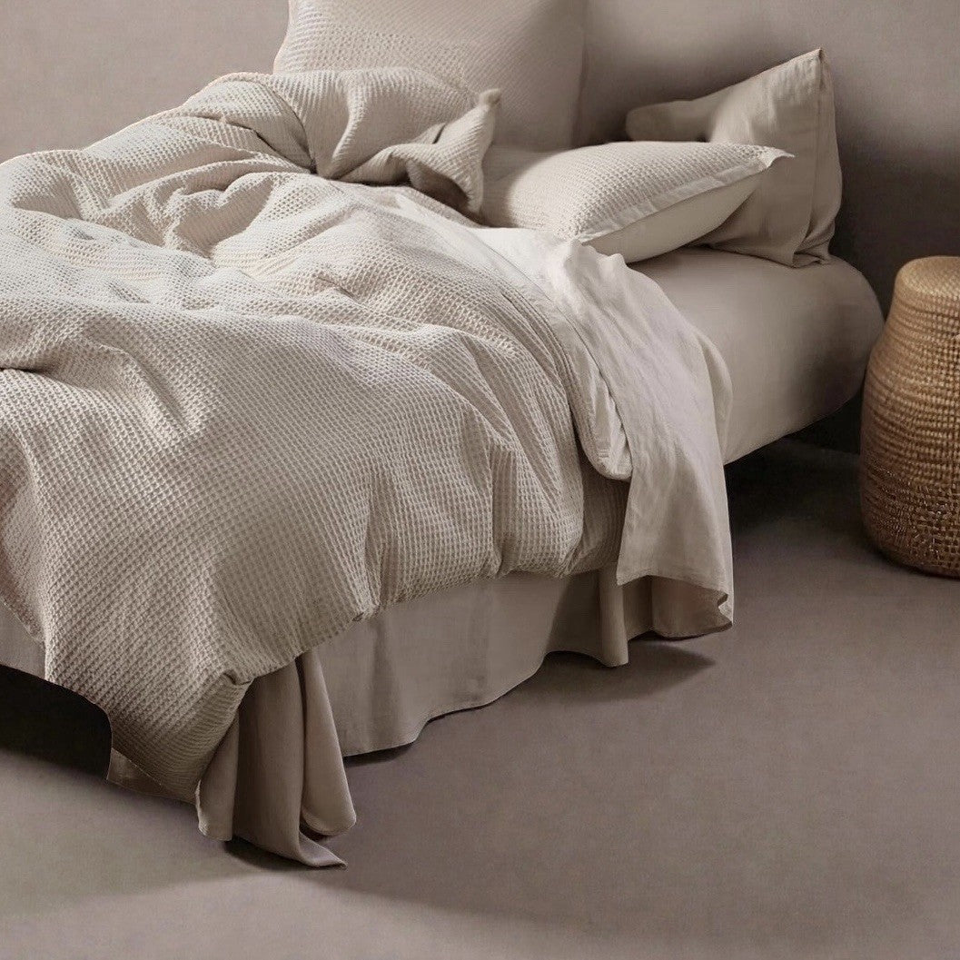 NEW West Elm Beige Waffle Weave Queen King 100% Cotton Bedding Duvet & Sham Set