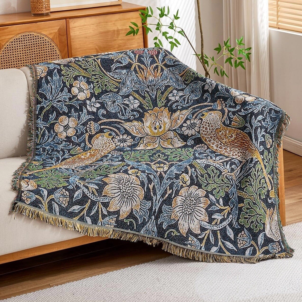 NEW Anthropologie Boho Bird  Blue Tassel Throw Blanket Bedspread Quilt - 50 x 70