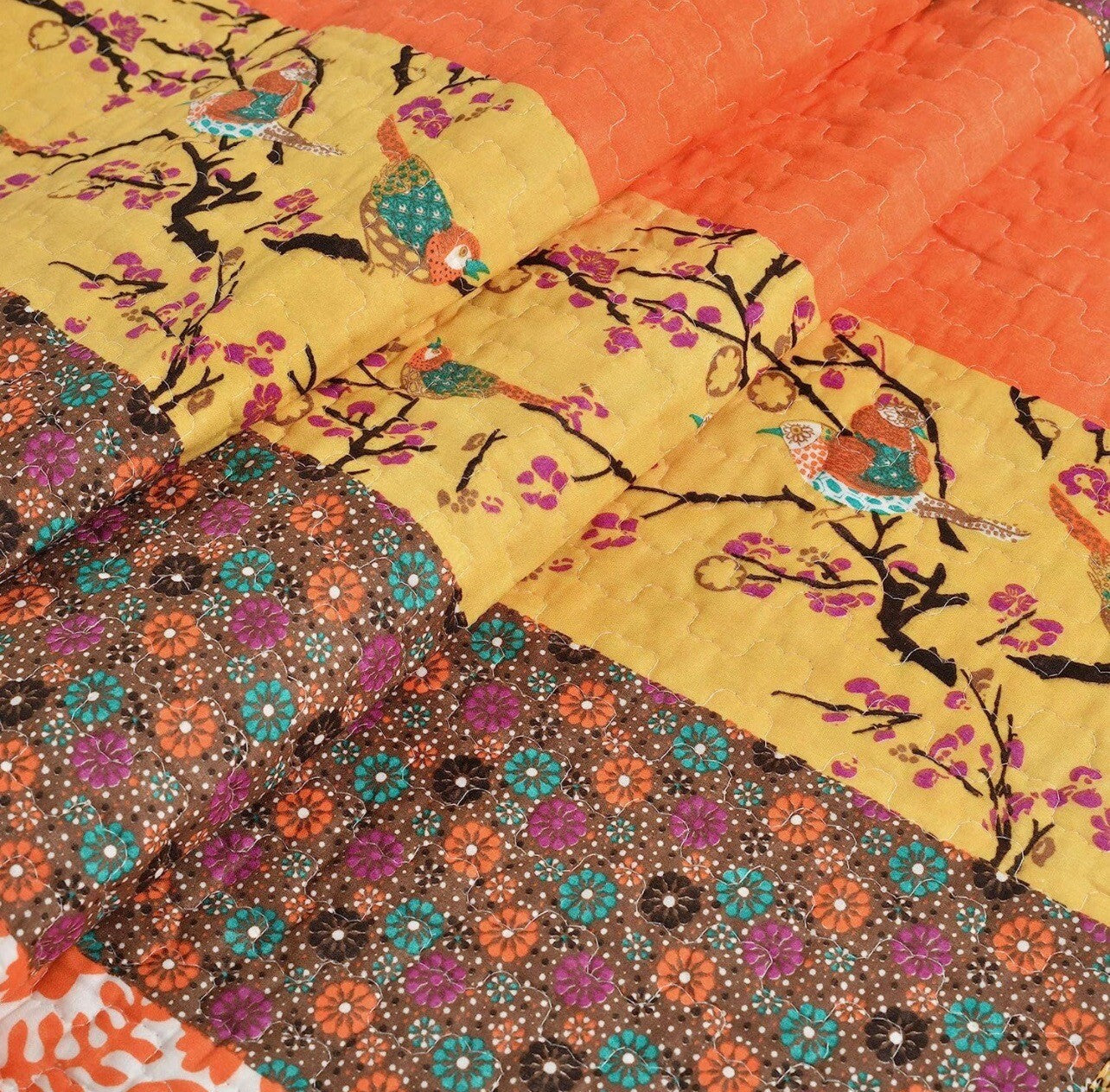 NEW Boho Orange Retro Bird Floral Throw Blanket Bedspread Bedding Quilt 50 x 60