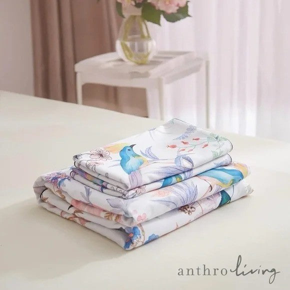 NEW Anthro Purple Floral Bird Boho Cotton Queen / King Bedding Duvet & Sham Set