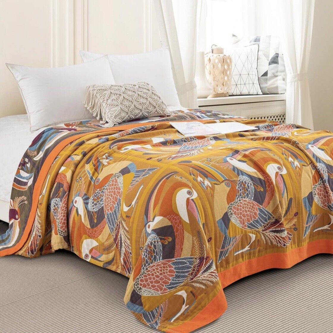 NEW XL Anthropologie Boho Bird Orange Throw Blanket Bedspread Quilt - 80" x 90"