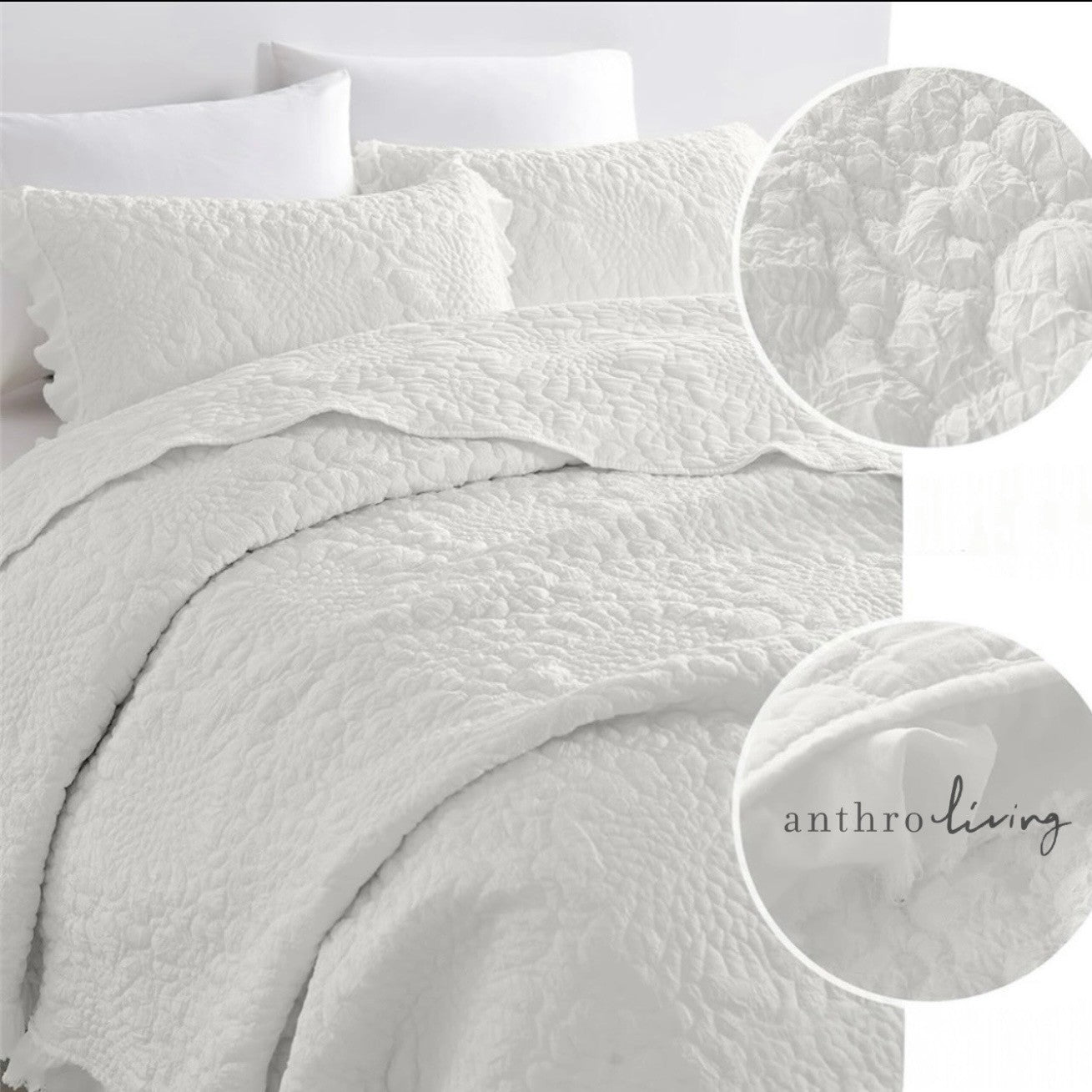 NEW Anthro White Cream Boho Ruffle Crinkle Queen / King Bedding Quilt & Sham Set