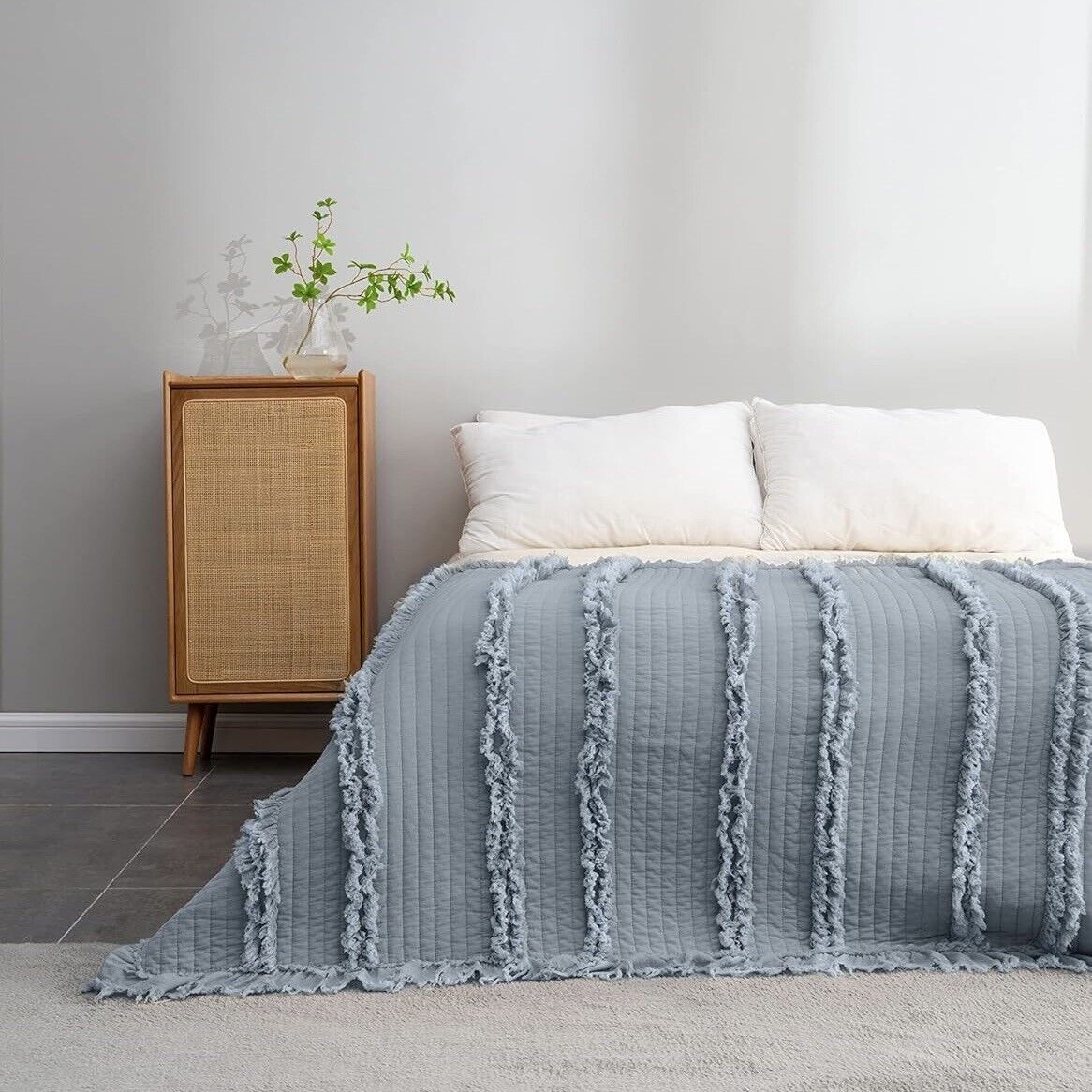 NEW West Elm Boho Blue Quilted Ruffle Knit Throw Blanket Bedding - 60" x 80"