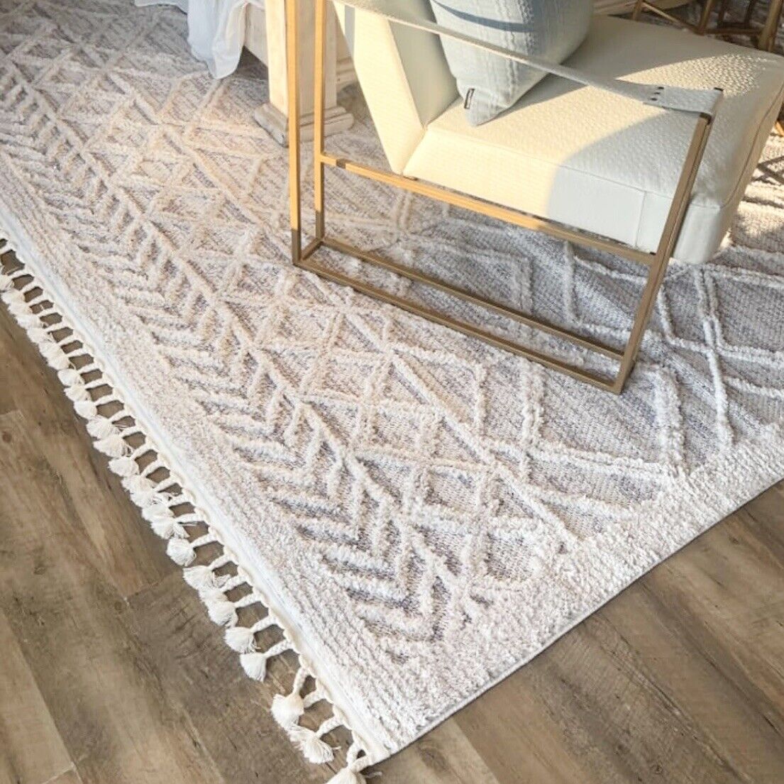 NEW West Elm White Cream Boho Tassel Geometric Moroccan Area Rug Carpet 5' x 8'