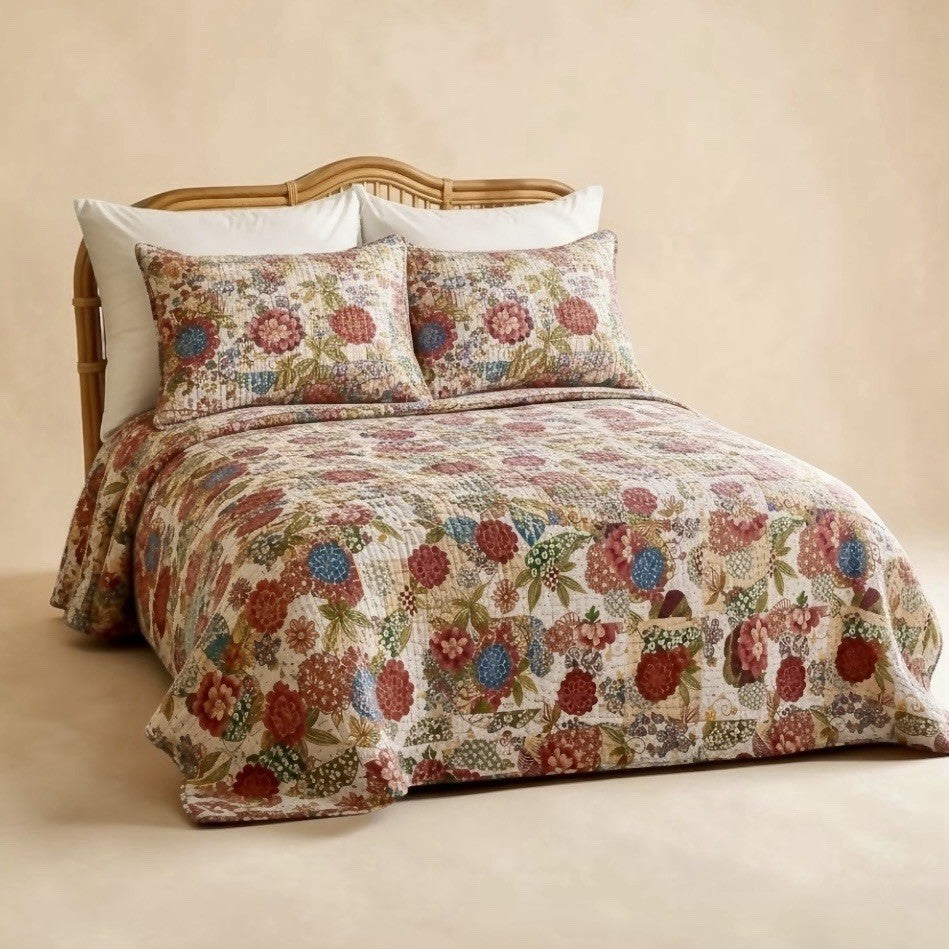 NEW Anthropologie Red White Floral Boho King Quilt Bedspread Bedding & Sham Set