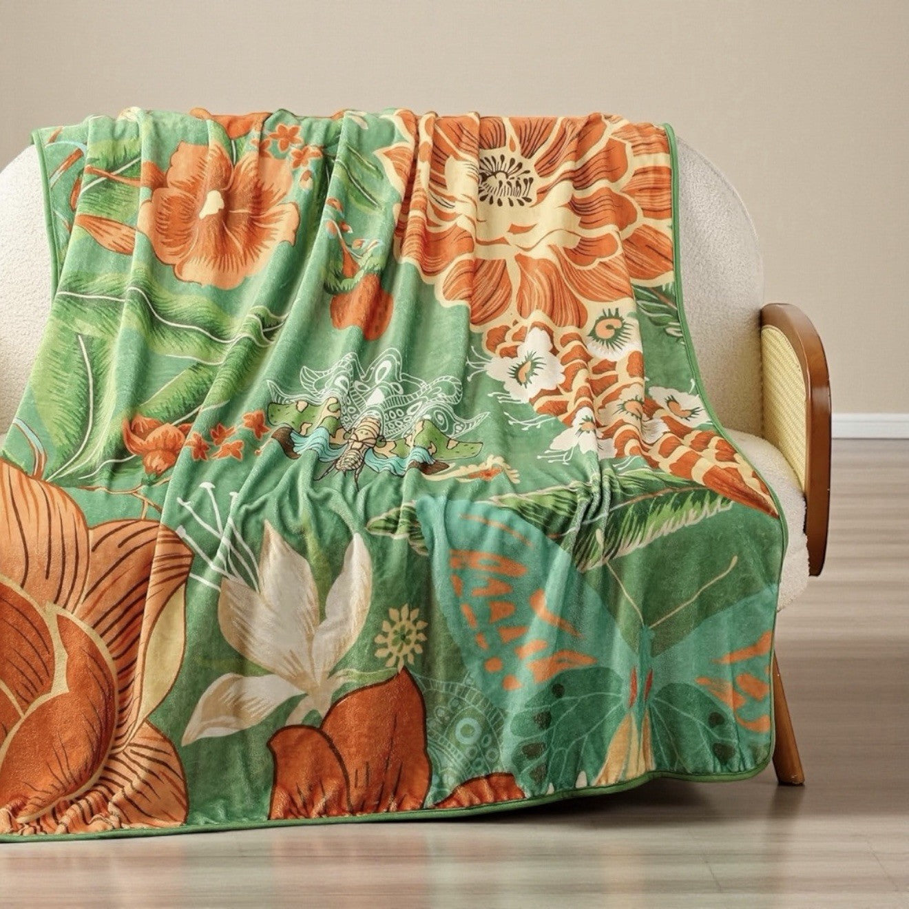 NEW Anthropologie XL Queen Size Boho Green Floral Fleece Blanket Bedspread 90x90