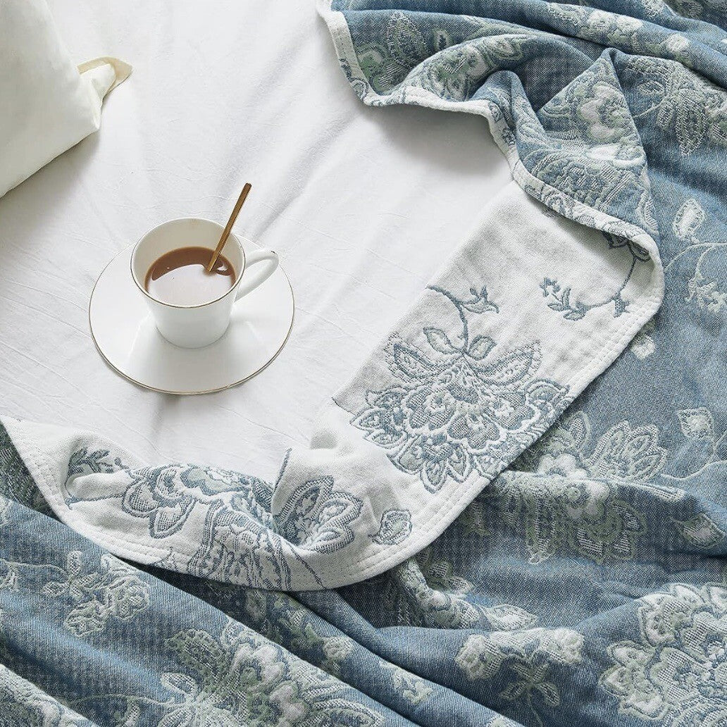 NEW Anthropologie Boho Floral Muslin Reversible Throw Blanket Quilt 60" x 80"