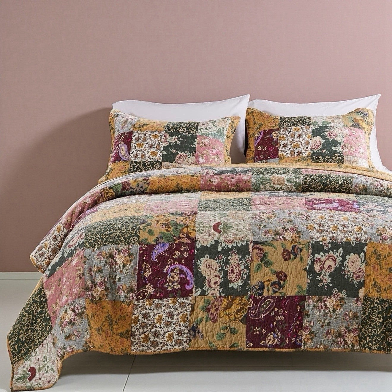 NEW Anthro Cotton Floral Reversible Patchwork Queen King Bedding Quilt Sham Set
