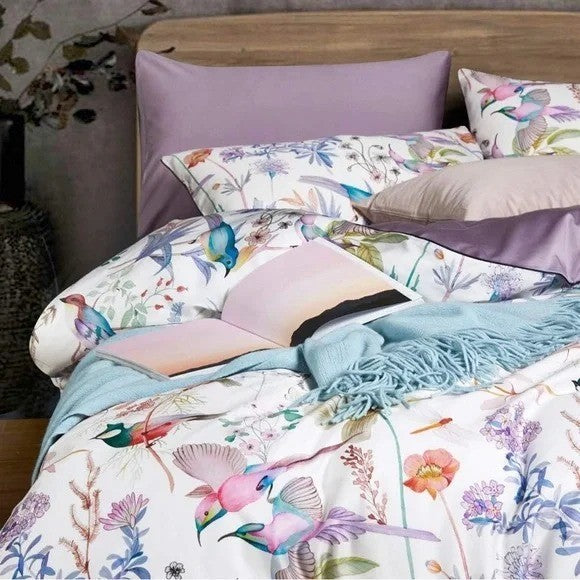 NEW Anthro Purple Floral Bird Boho Cotton Queen / King Bedding Duvet & Sham Set