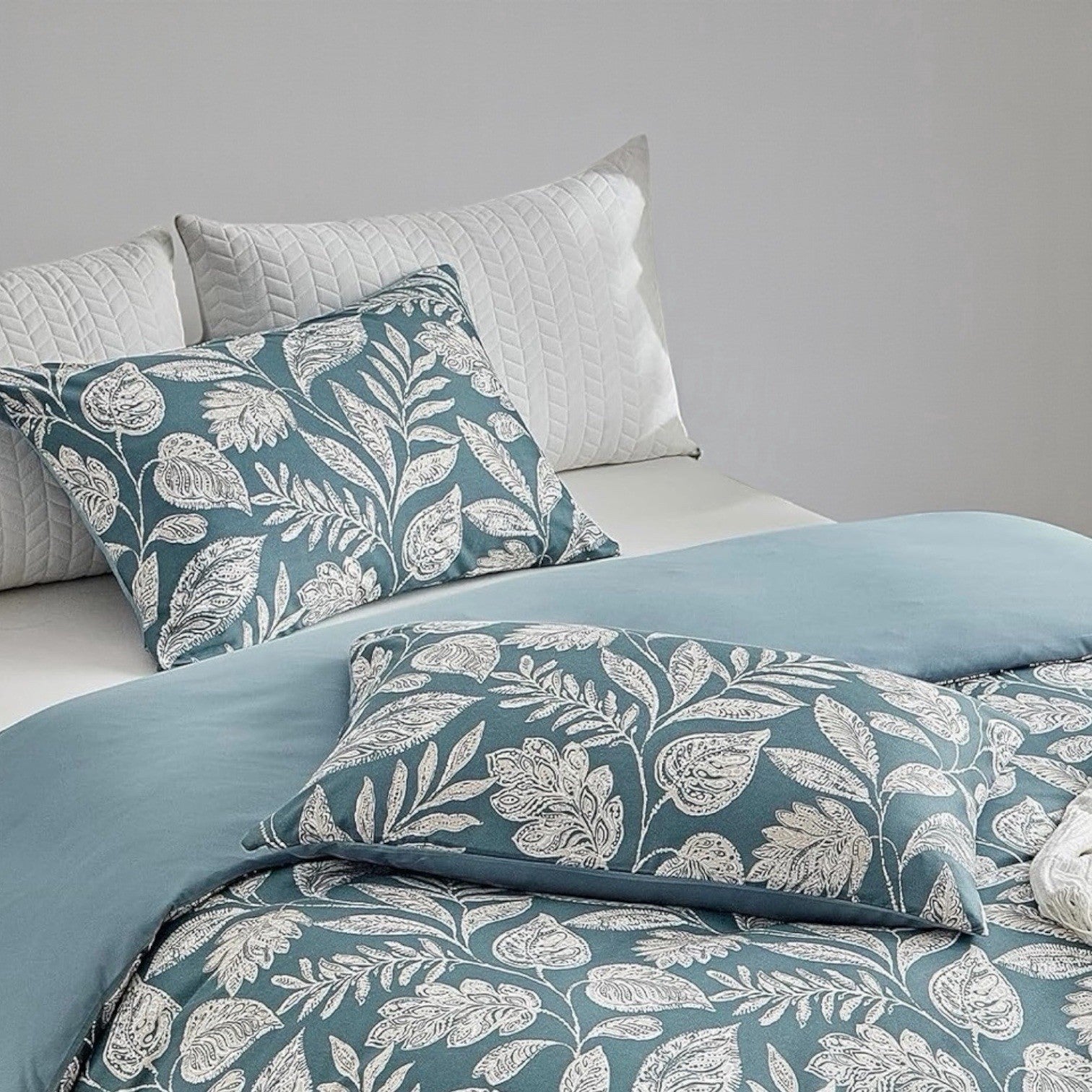 NEW Anthro Teal Blue Floral Botanical Boho Queen / King Bedding Duvet & Sham Set