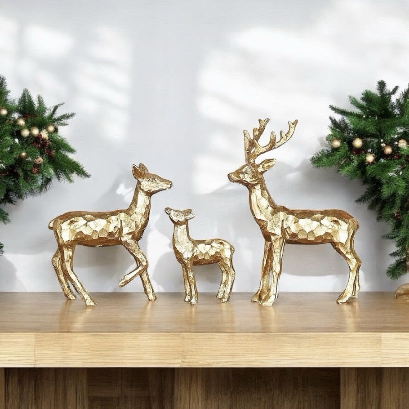 NEW West Elm Boho Geometric Gold Resin Holiday Christmas Reindeer Figures Set 3