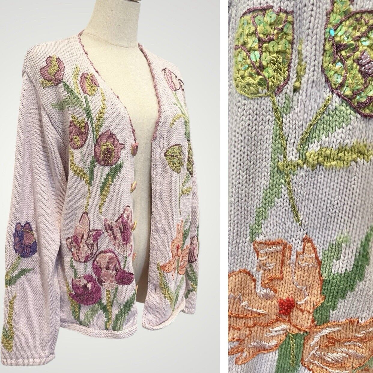 Vintage Storybook Knits Pink Floral Embroidered Sequin Sweater Cardigan - Large