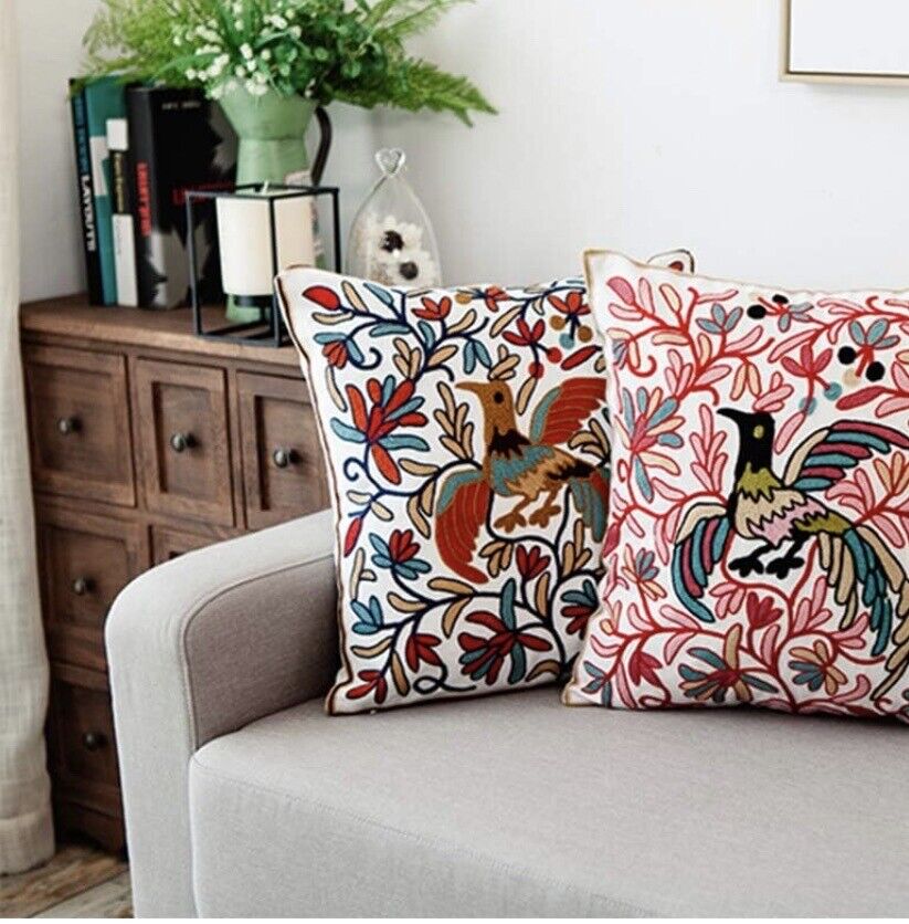 New Anthropologie Boho Floral Embroidered Throw Pillow Cover Case Sham 18" x 18"