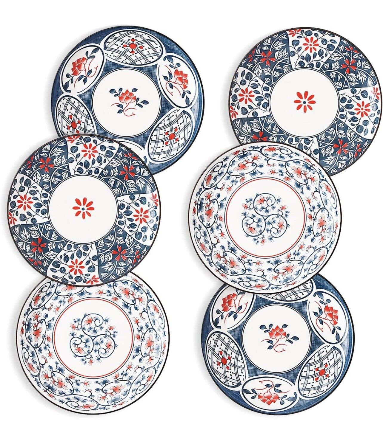 NEW West Elm (Set of 6) Blue Boho Ceramic Floral Dinnerware Salad Plates Set