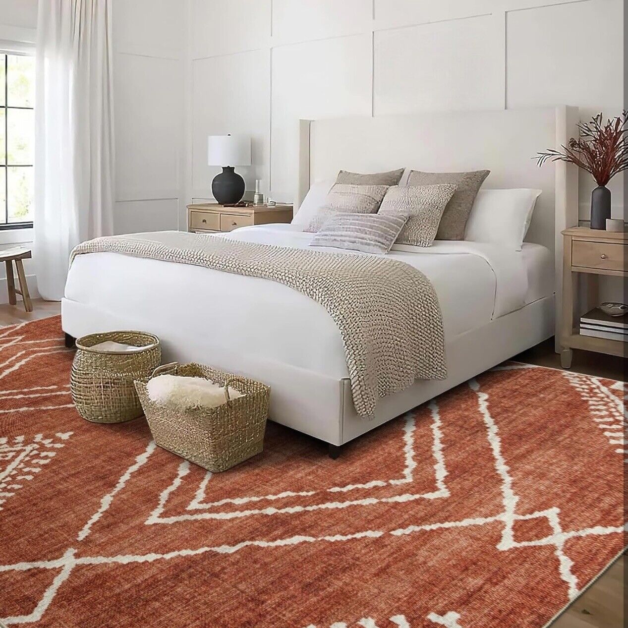 NEW West Elm Red Orange Boho Aztec Geometric Moroccan Area Rug Carpet - 4' x 6'