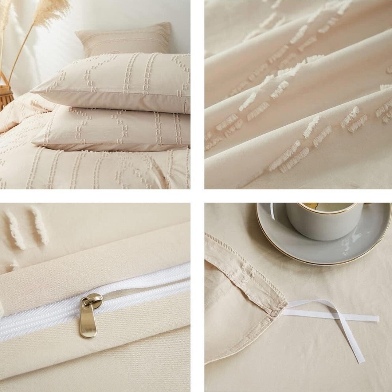 NEW Anthro Tassel Beige Boho King Tufted Fringe Bedding Duvet & Pillow Sham Set