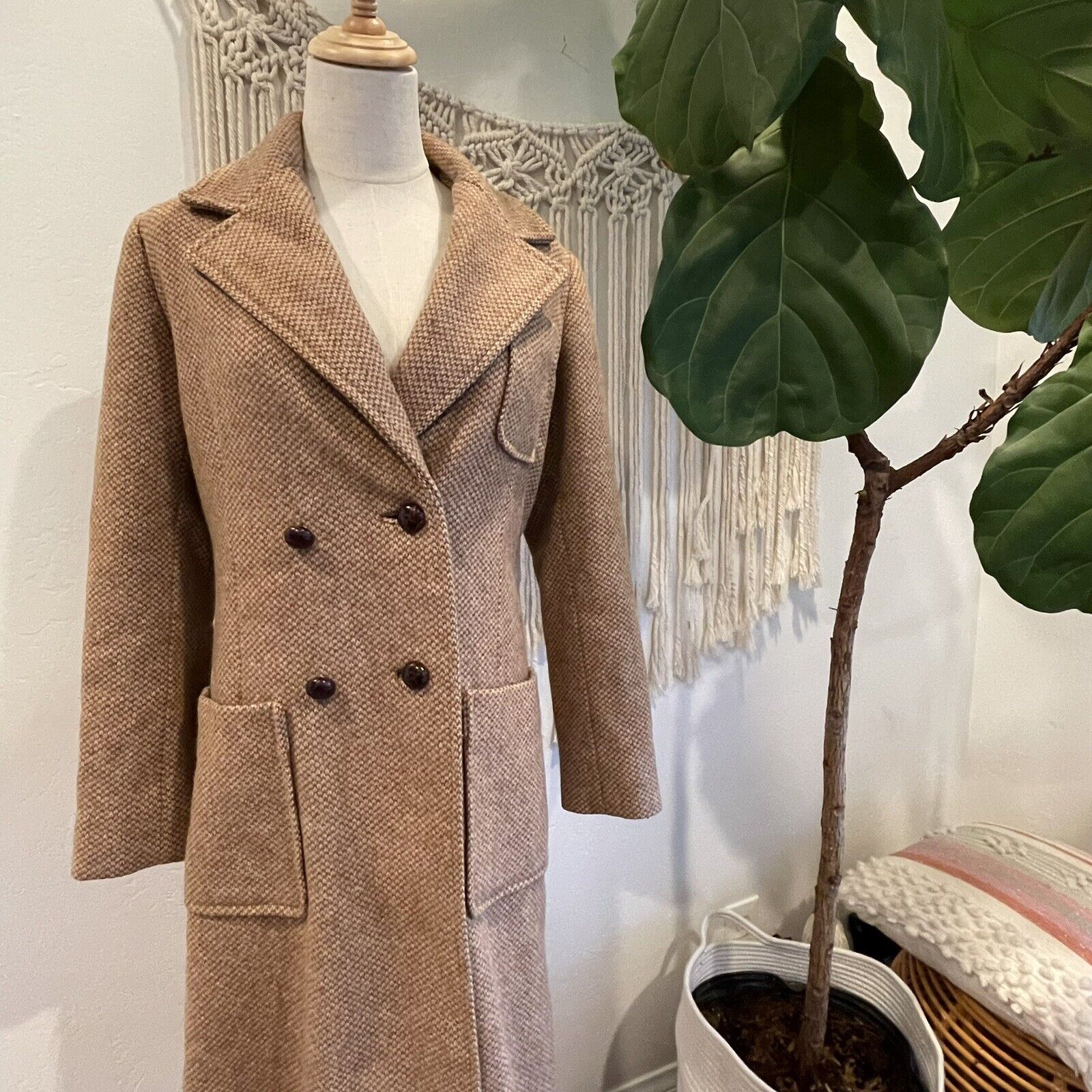 Oscar De La Renta Women's Tweed Tan Trench Coat Jacket | Size Large / 12