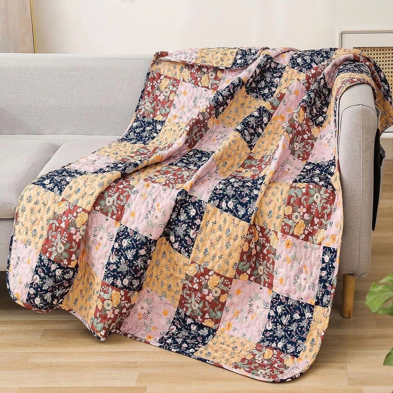 NEW Anthro Boho Multicolor Floral Throw Blanket Patchwork Quilt 50" x 60"
