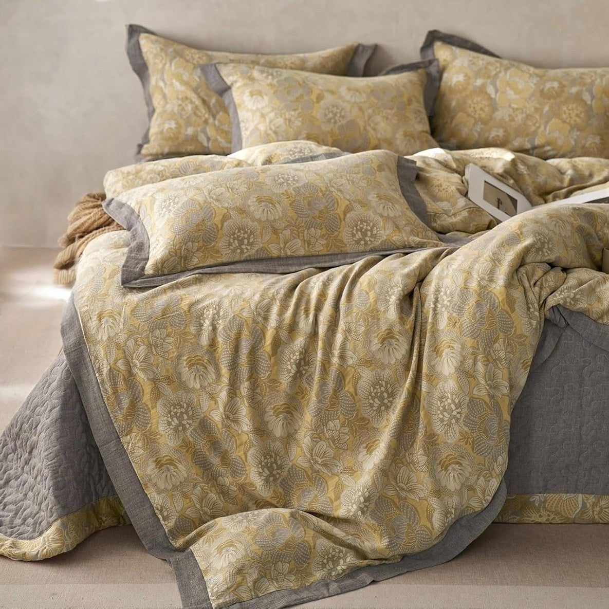NEW Anthro Yellow Floral Jacquard Queen / King Cotton Bedding Duvet & Sham Set